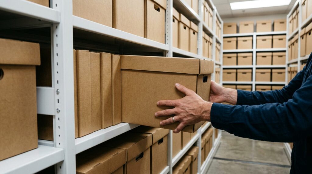 Archiviste rangeant une boîte de documents dans le local d'archives d'une entreprise