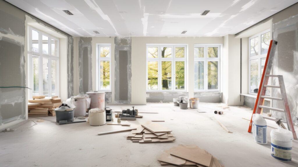 Bureau en cours de rénovation : murs préparés, plafond refait et revêtements de sol en attente de pose